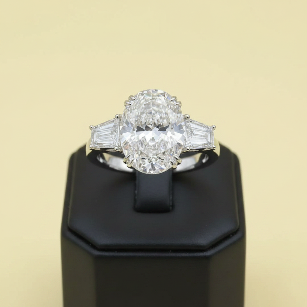 Close-up of a diamond ring on a ring stand on a yellow background