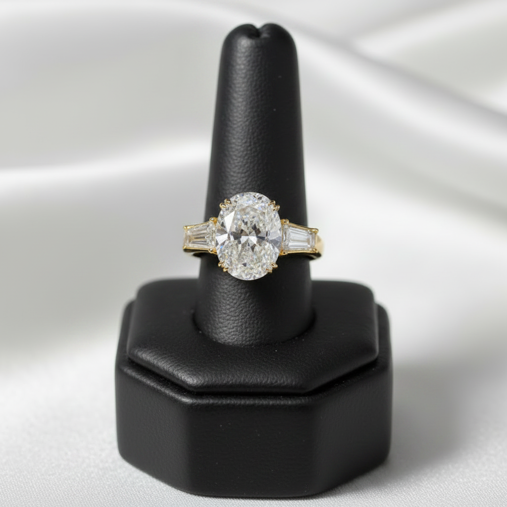 Gold ring with a large diamond and smaller baguette-cut diamonds on a light skin background