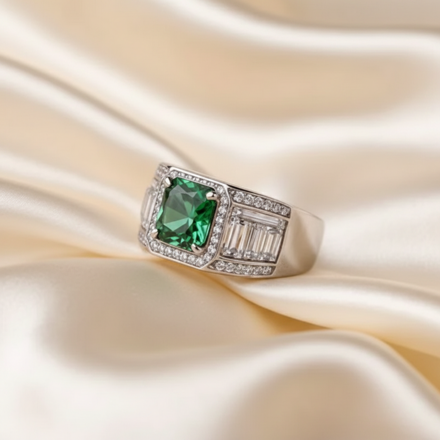 18K White Gold Plated Ring with a Green Moissanite gemstone and clear smaller stones accents on a beige surface