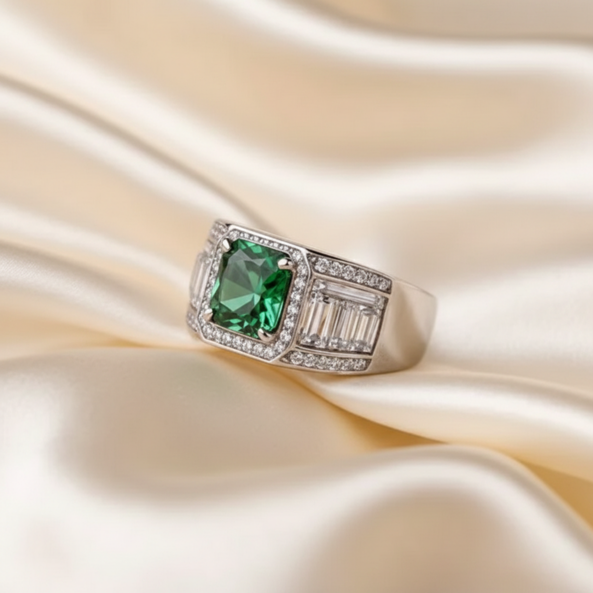 18K White Gold Plated Ring with a Green Moissanite gemstone and clear smaller stones accents on a beige surface