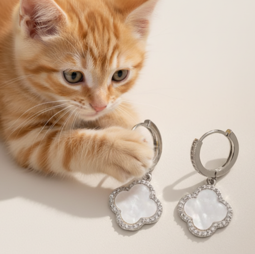 White gold plated titanium clover dangle earring in white inlay framed by a halo of sparkling clear stones. 