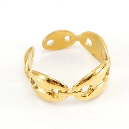 A gleaming gold-tones ring featuring a distinctive mariner link chain design. The ring is open ended, meaning it's adjustable to fit various finger sizes.