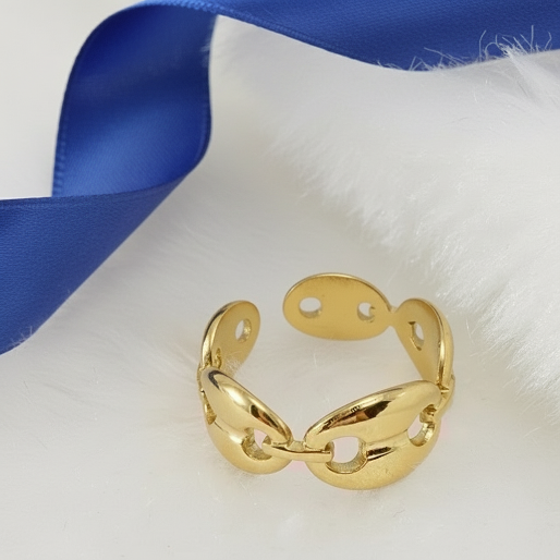 This unique design ring is crafted from 18K Gold plated Titanium, and is highly versatile, suitable for stacking with other rings or wearing as a standalone statement piece.