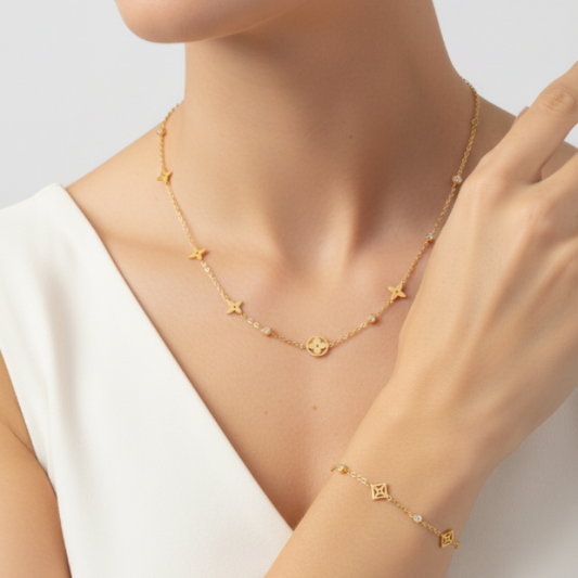 Gold-toned fashion jewelry set comprising a necklace and a matching bracelet. The jewelry is crafted from Titanium, offering durability and resistance to tarnish, making it a stylish and accessible accessory fir everyday ear or special occasions.