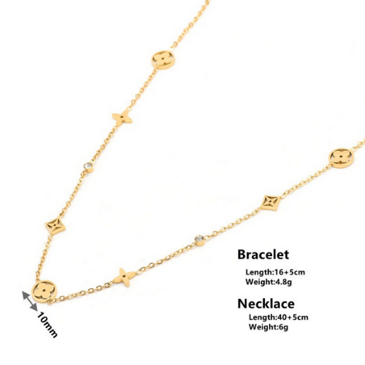 Here we have the gold bracelet and necklace set with measurements.