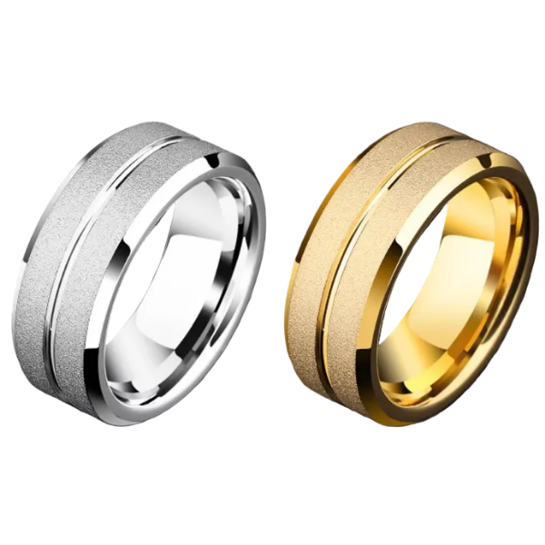 Two rings, one silver and one gold, on a dark background