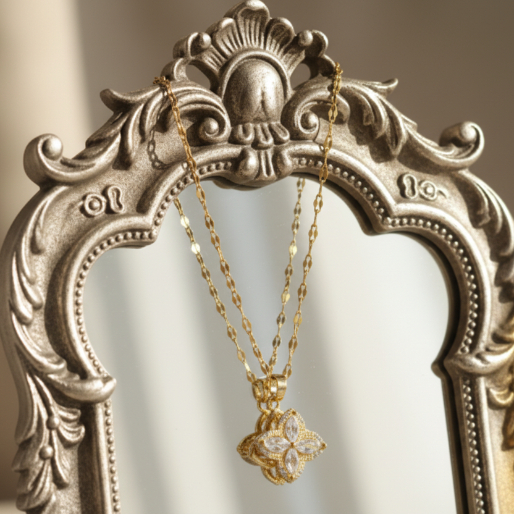 The chain has a unique flat link design, adding to the necklace its refined appearance. It is a versatile piece suitable for adding a touch of sparkle and a playful. element to any outfit.