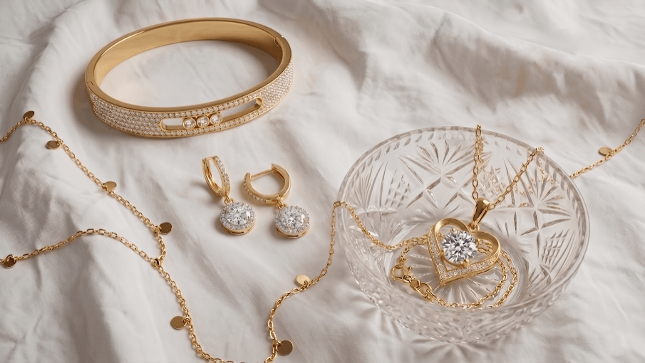 Gold jewelry including a bracelet, necklace, and earrings on a white fabric background.