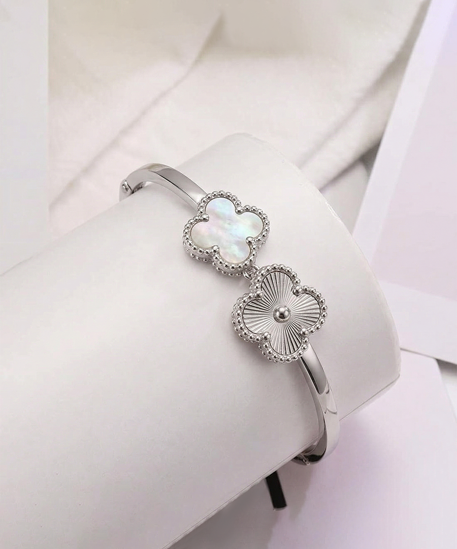 Mother of Pearl Silver Tone Clover Bangle Bracelet