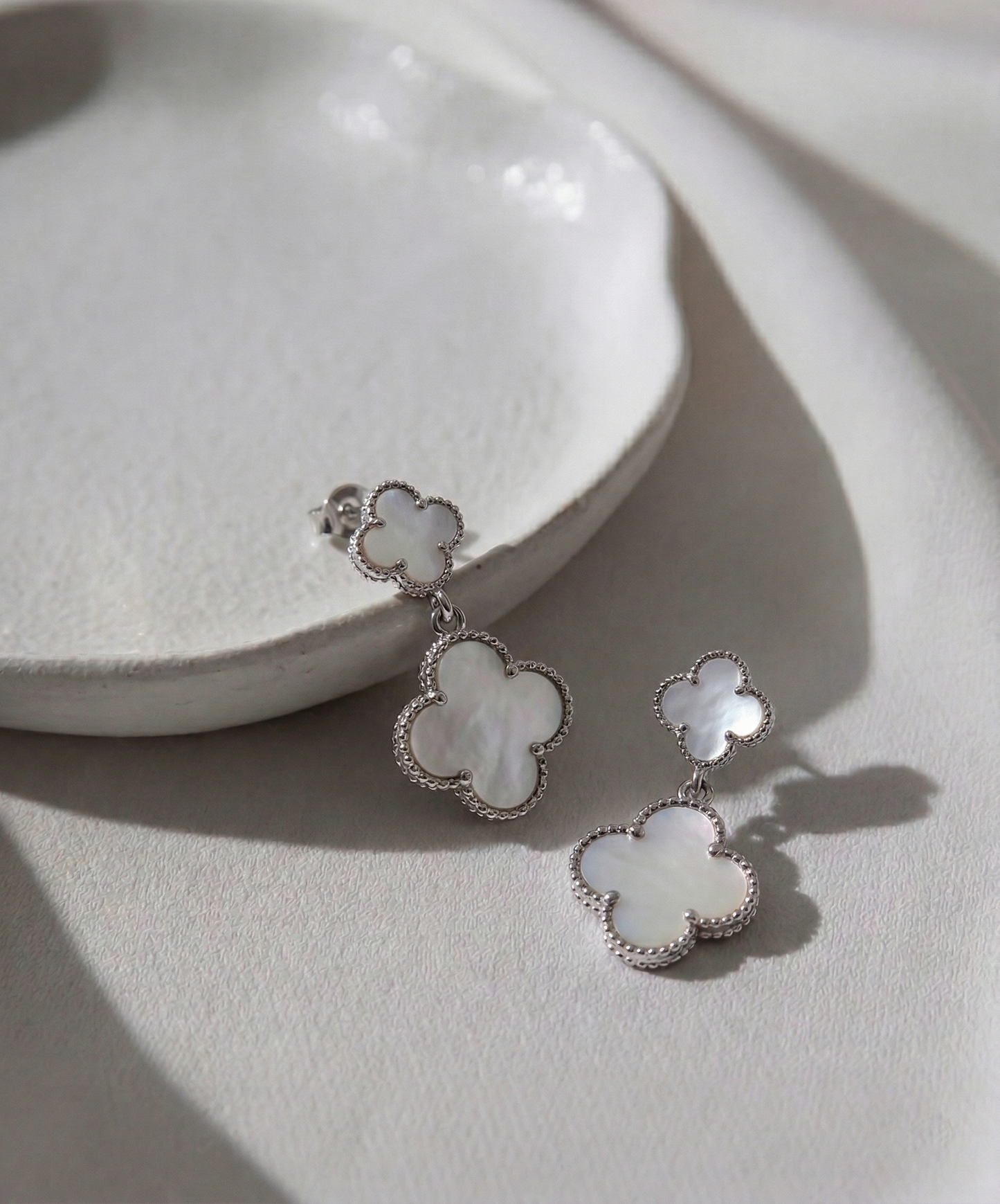 Silver Double Clover Dangle Earrings
