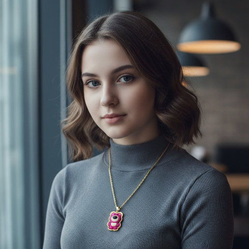 Gold dainty chain, with Lotso pendant adorning a gray turtleneck on a teen.