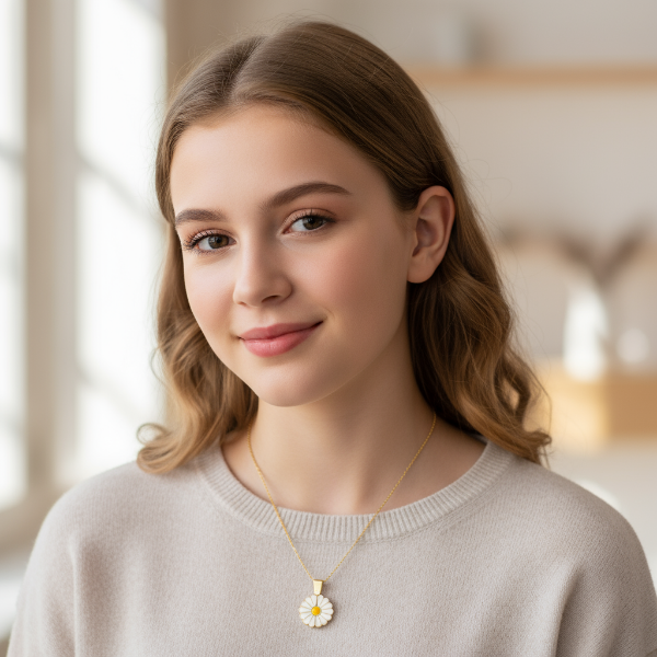 Young woman wearing a dainty gold necklace featuring a daily shaped pendant. 