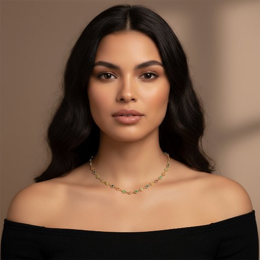Woman wearing the multi-color enamel dolt chain necklace. Designed to be worn as a choker, this piece combines a natural pastoral and boho chic style, making it a versatile  accessory for various occasions.