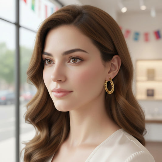 Gold Cuban chain link hoop earrings, designed to add a touch of classic luxury to any attire.