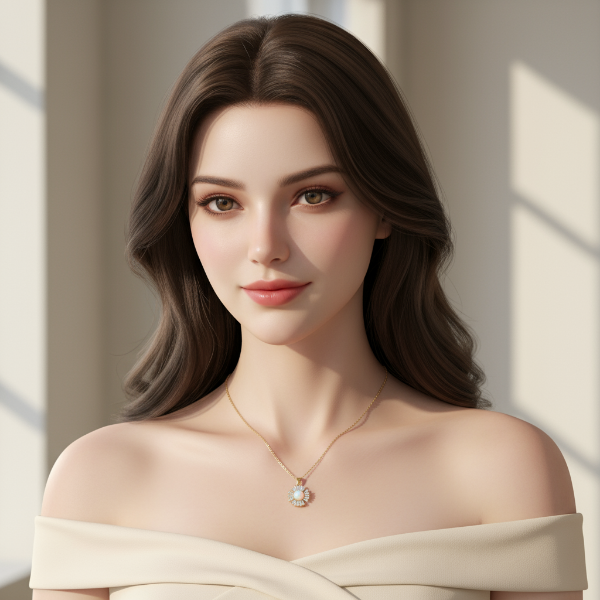 Woman wearing a beautiful gold-plated chain necklace featuring a striking sunburst-style pendant.