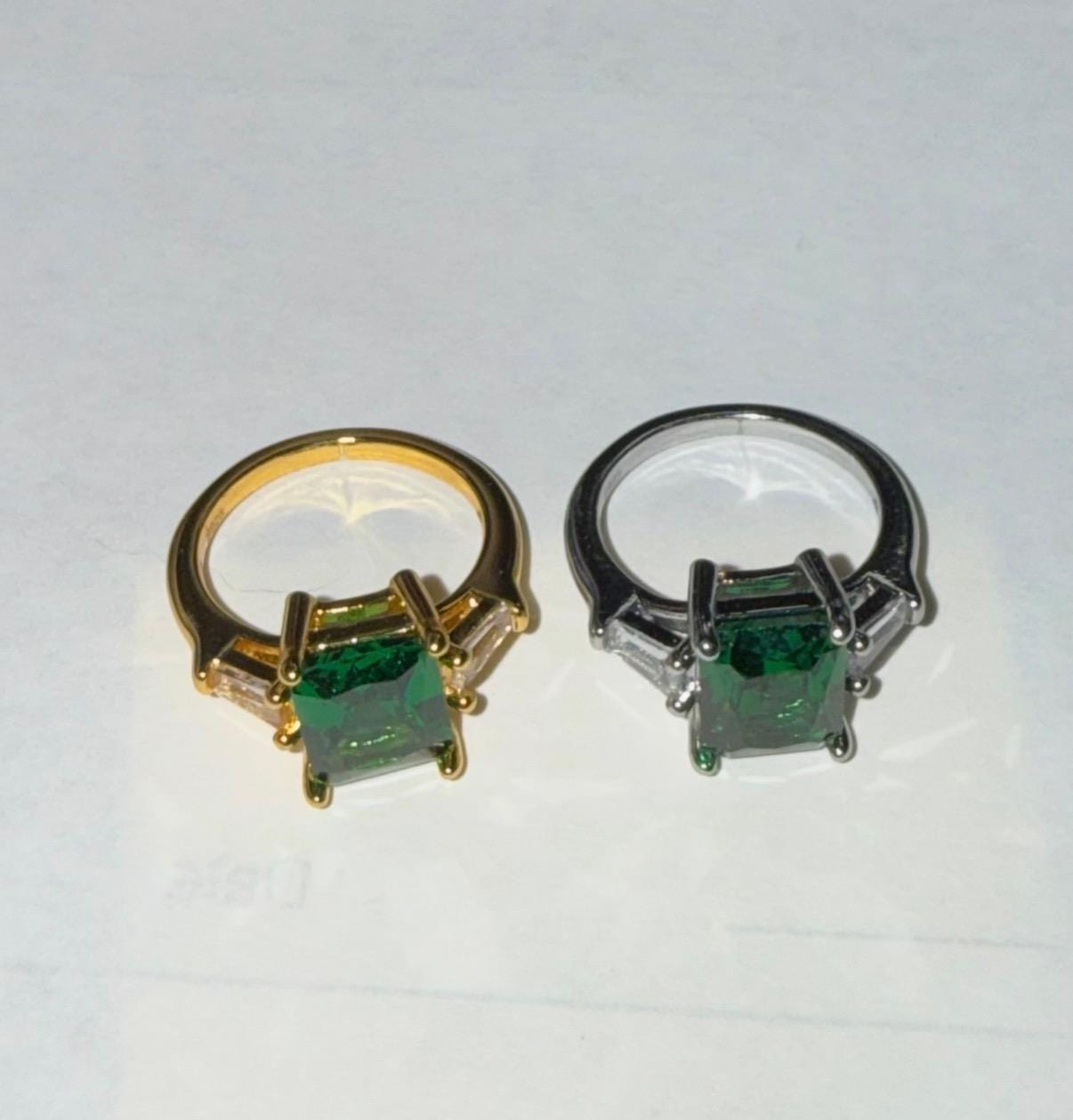 Emerald Cut 18K Gold Plated Green Stone Three-Stone Ring