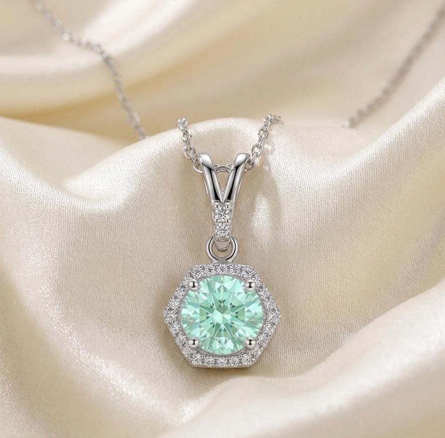 Silver Hexagonal 2C Green Moissanite Pendant Necklace