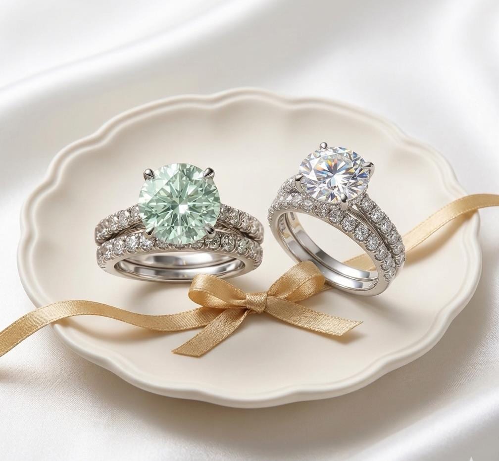 Silver Bridal Set with Round Central Moissanite Stone and Pave Bands