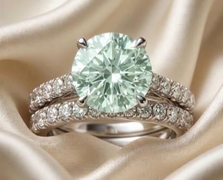 Silver Bridal Set with Round Central Moissanite Stone and Pave Bands