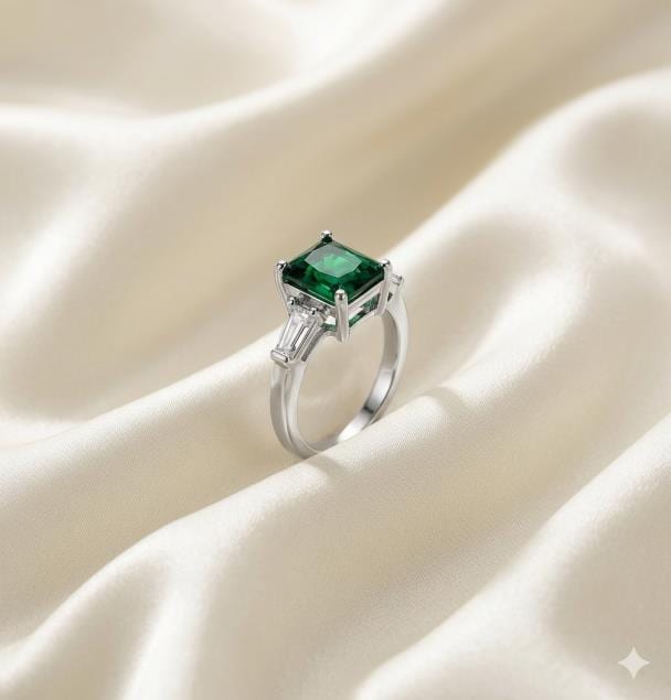 Emerald Cut 18K Gold Plated Green Stone Three-Stone Ring