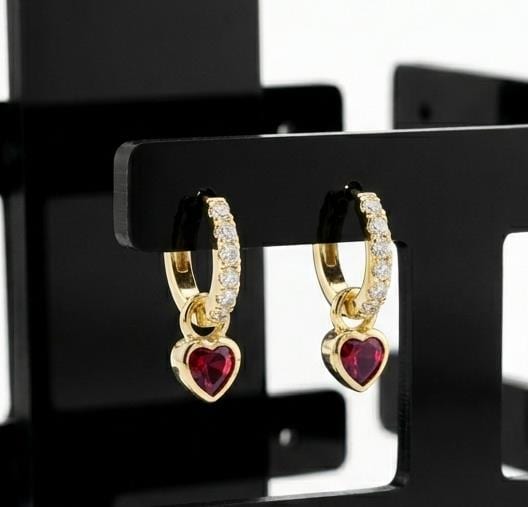 Ruby Red Heart Dangle Huggie Hoop Earrings