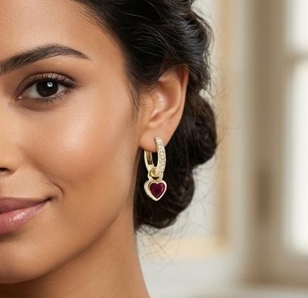Ruby Red Heart Dangle Huggie Hoop Earrings