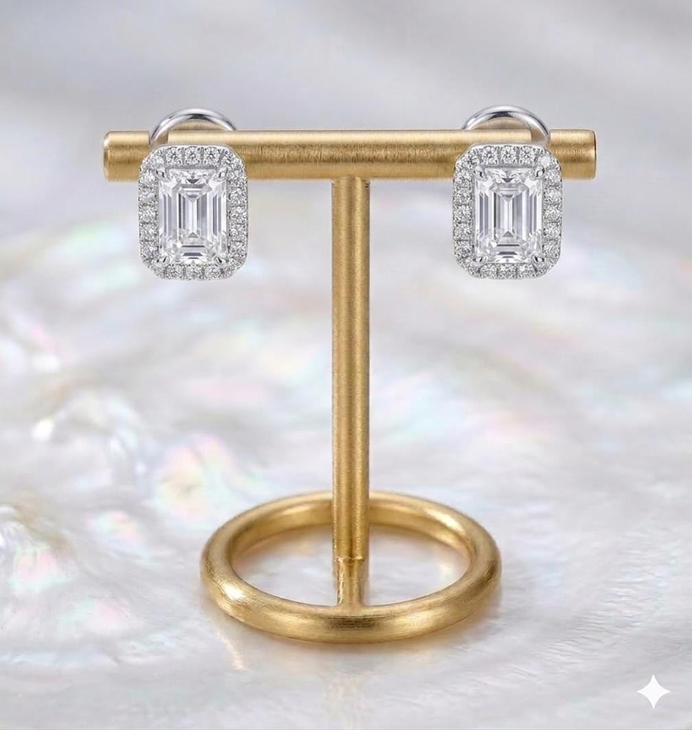 Emerald Cut 1C Moissanite Halo Stud Earrings