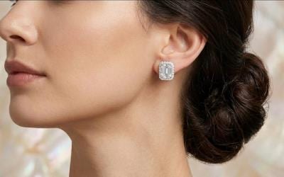Emerald Cut 1C Moissanite Halo Stud Earrings