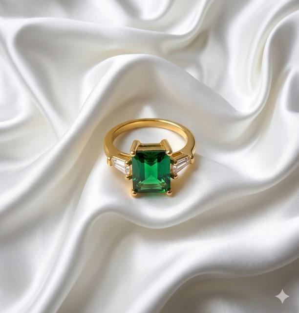 Emerald Cut 18K Gold Plated Green Stone Three-Stone Ring