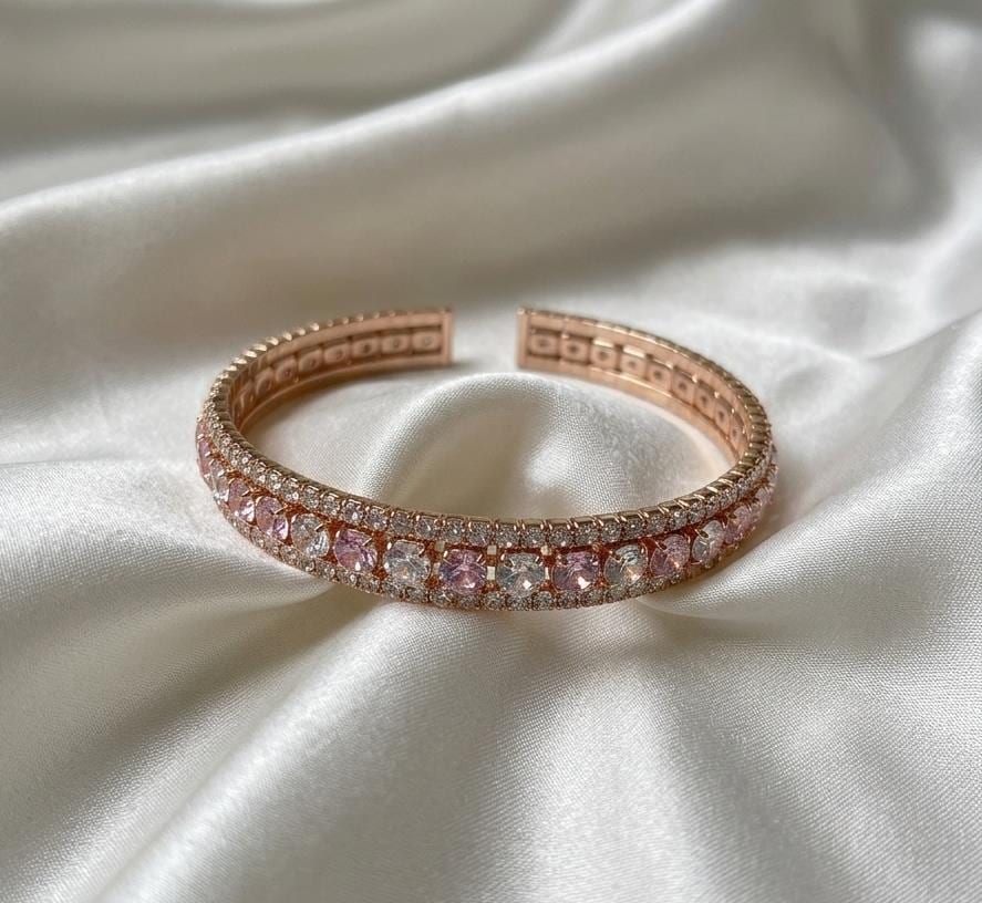 Rose Gold-Toned Pink and Clear Rhinestone Cuff Bangle