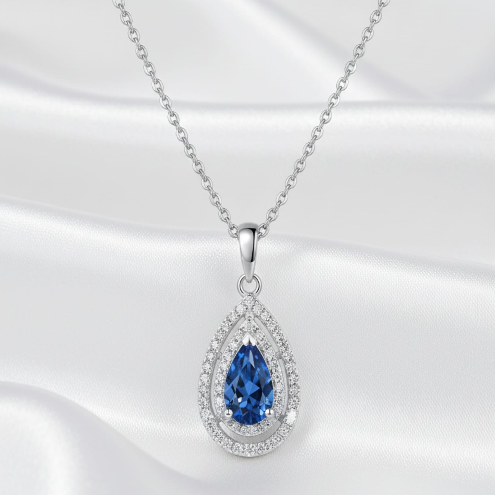 Halo Teardrop Blue Moissanite Pendant Necklace