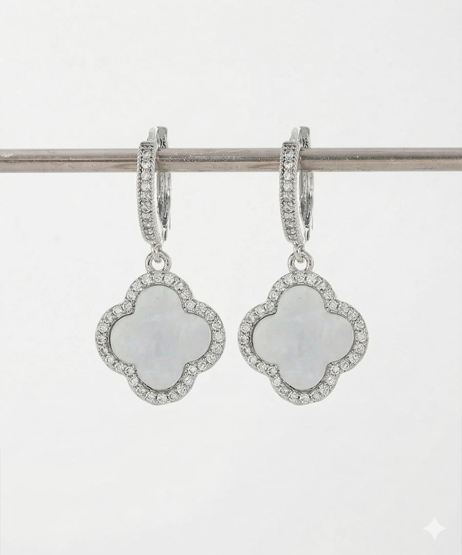 White Gold Plated Clover Dangle Earrings