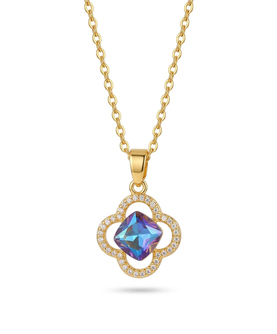 Gold Clover Necklace with an Iridescent Gem