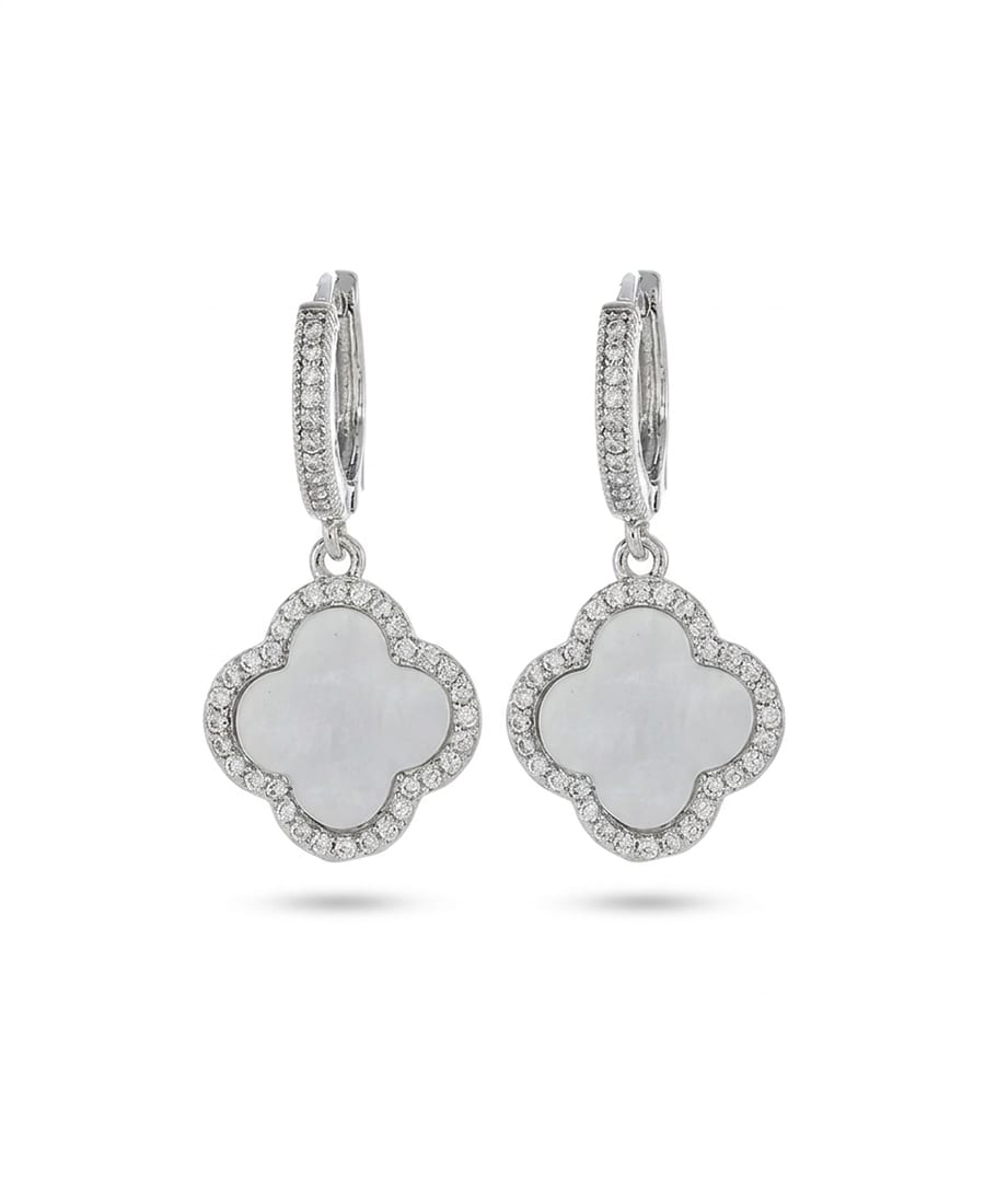 White Gold Plated Clover Dangle Earrings