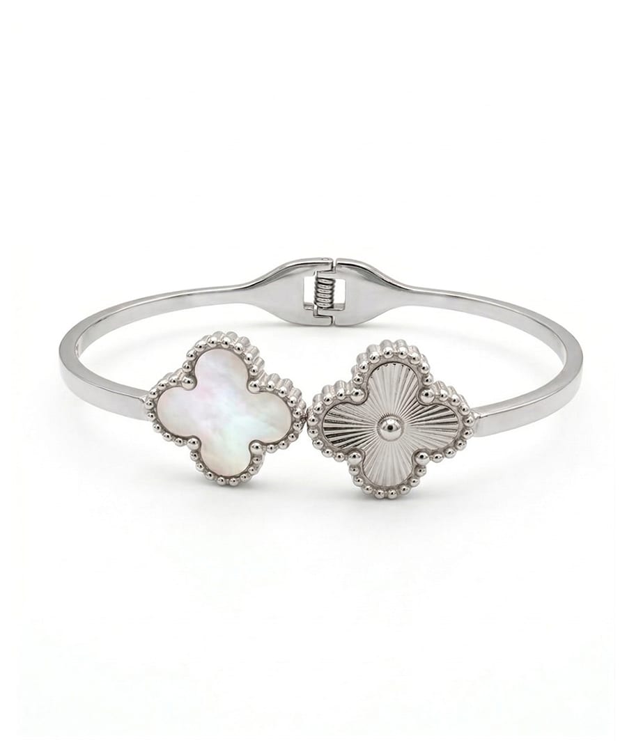 Mother of Pearl Silver Tone Clover Bangle Bracelet