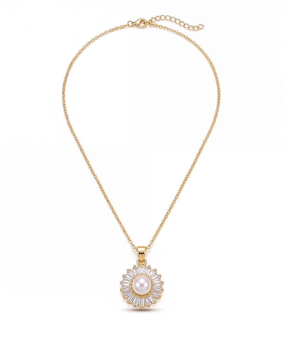Pearl and Zirconia Halo Gold Plated Pendant Necklace