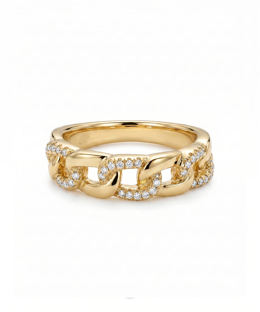 Chain Link Ring with Pavé-Set Stones