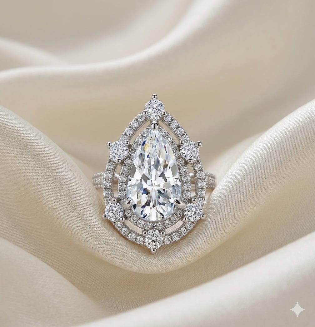 Pear Shaped Moissanite Ring with Double Halo and Crossover Pave Set
