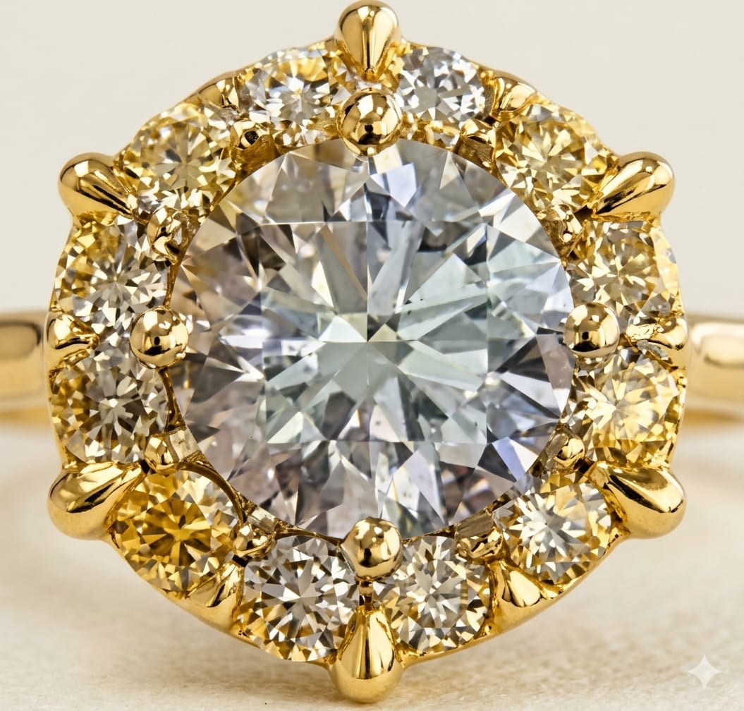 Sunburst Halo Moissanite Engagement Ring