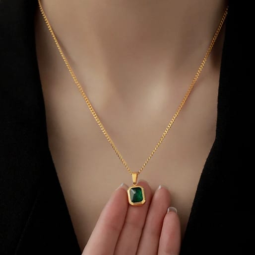 Gold Plated Necklace with Green Stone