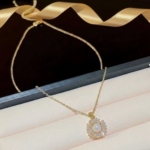 Pearl and Zirconia Halo Gold Plated Pendant Necklace