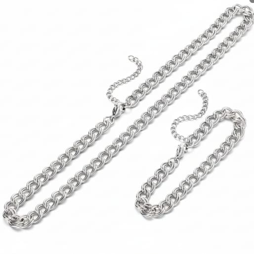 **Double Curb Chain Necklace and Bracelet Set**