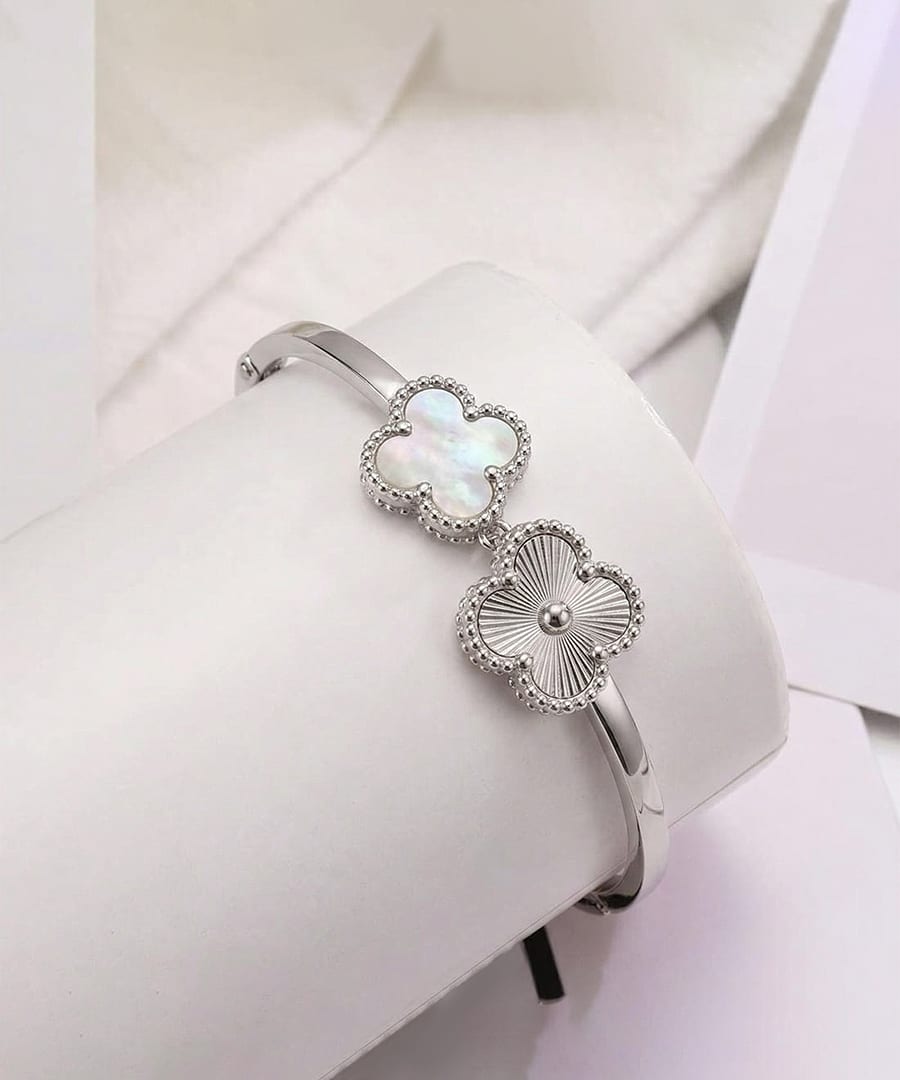Mother of Pearl Silver Tone Clover Bangle Bracelet