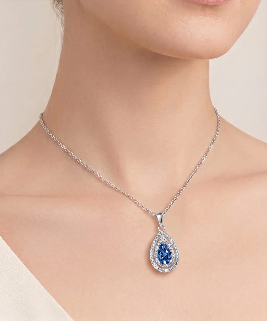 Halo Teardrop Blue Moissanite Pendant Necklace
