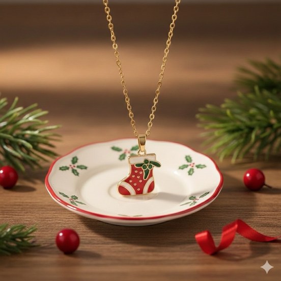 Christmas boot necklace on a holiday plate