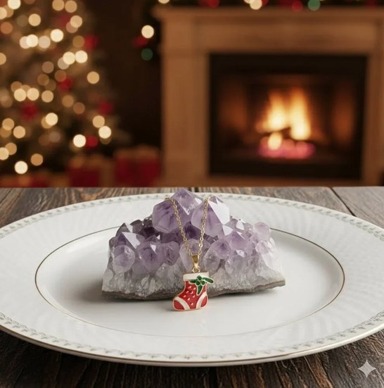 Christmas boot necklace on an amethyst crystal