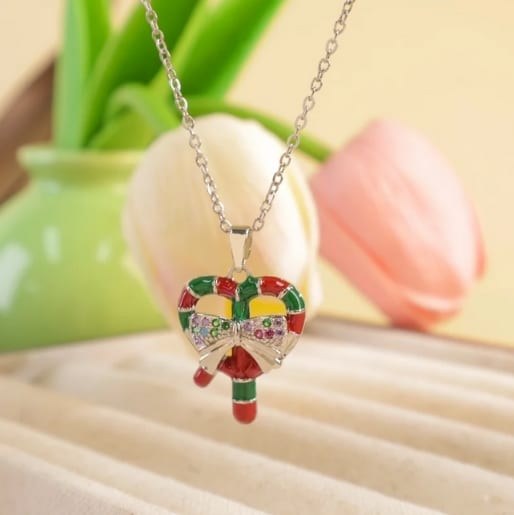 Christmas candy cane heart necklace on a silver-tone chain