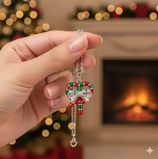 Christmas candy cane necklace held by the fireplace