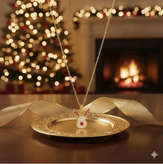 Christmas reindeer necklace on a gold plate