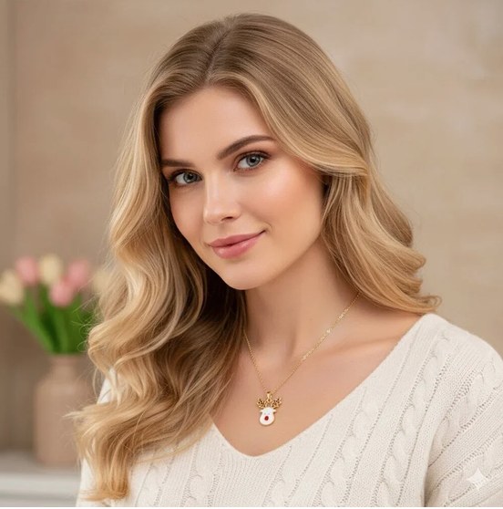 Christmas reindeer necklace worn with a cream sweater
